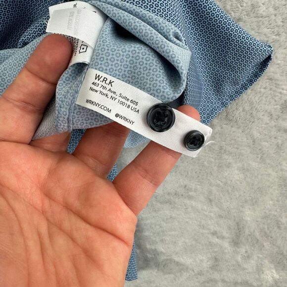 WRK Shirt Mens 15.5 Blue Geometric Button Up Flip Cuff 4-Way Stretch Party Club - Picture 8 of 12